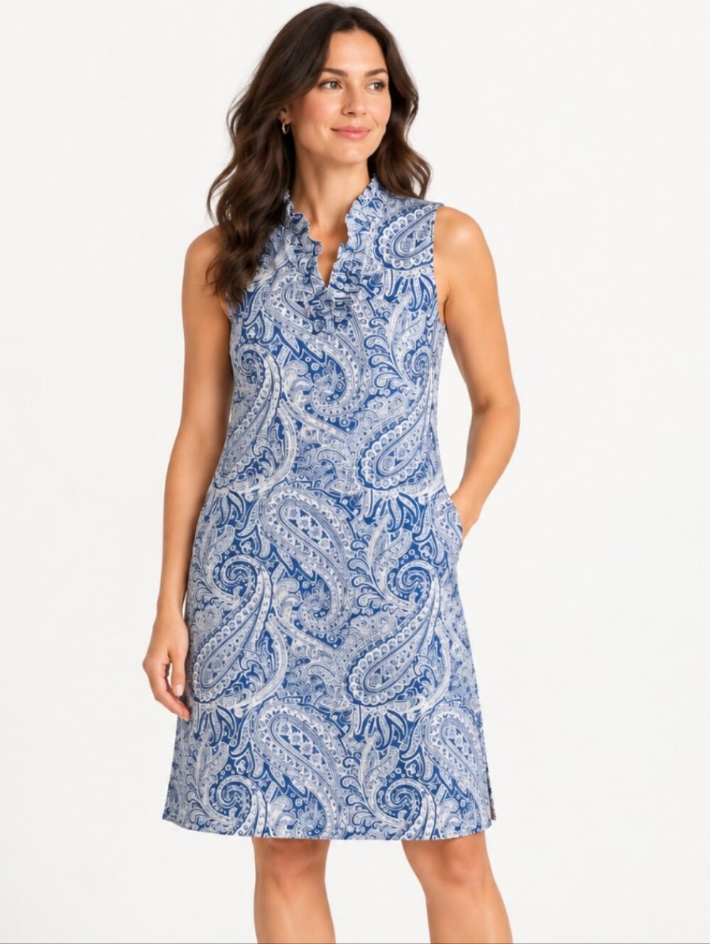 J.McLaughlin Durham Blue Paisley Ruffle Neck Sleeveless Shift Dress XL